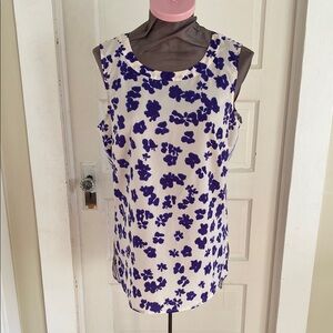 CAbi Blue and‎ Cream Sleeveless Floral Striped Blouse Medium